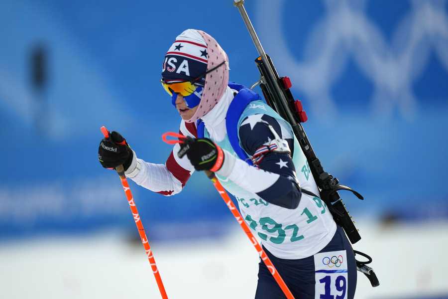 Mixed relay Clare Egan skis during the 4x6-kilometer mixed relay at the 2022 Winter Olympics, Saturday, Feb. 5, 2022, in Zhangjiakou, China. (AP Photo/Frank Augstein)
