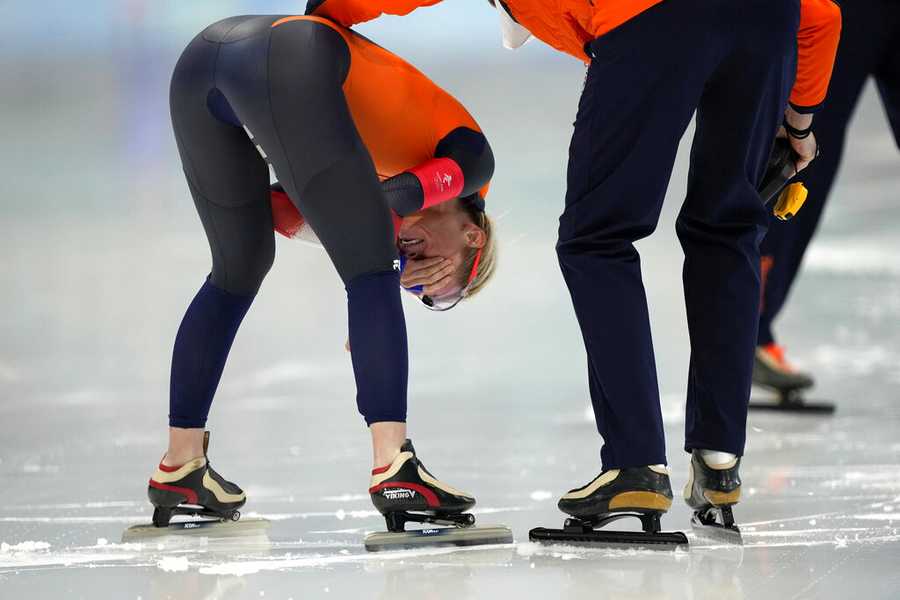 Record reaction Irene Schouten of the Netherlands reacts after winning the gold medal and breaking the Olympic record in the women's speedskating 3,000-meter race at the 2022 Winter Olympics, Saturday, Feb. 5, 2022, in Beijing. (AP Photo/Ashley Landis)
