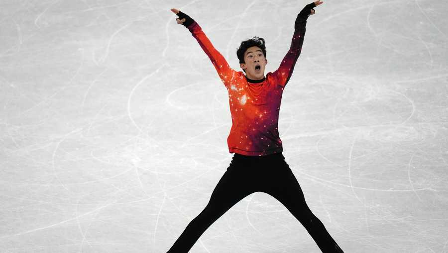 Nathan Chen, of the United States, competes in the men&apos;s free skate program during the figure skating event at the 2022 Winter Olympics, Thursday, Feb. 10, 2022, in Beijing. (AP Photo/Bernat Armangue)