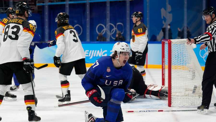 United States' Matt Knies celebrates a goal during a preliminary round men's hockey game against Germany at the 2022 Winter Olympics, Sunday, Feb. 13, 2022, in Beijing.