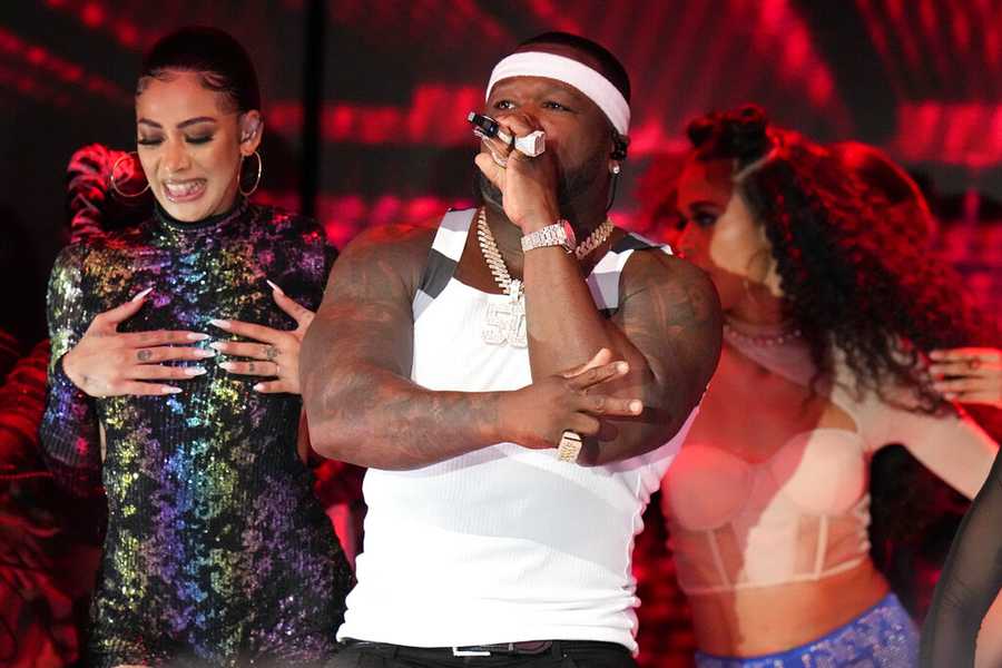 50 Cent 50 Cent performs during halftime of the NFL Super Bowl 56 football game between the Los Angeles Rams and the Cincinnati Bengals Sunday, Feb. 13, 2022, in Inglewood, Calif. (AP Photo/Chris O'Meara)