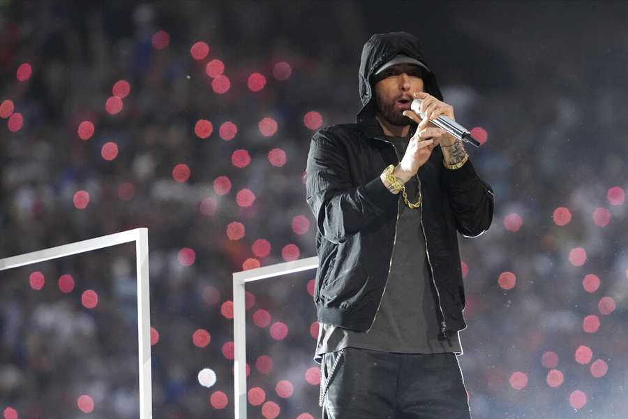 Eminem Eminem performs during halftime of the NFL Super Bowl 56 football game between the Los Angeles Rams and the Cincinnati Bengals Sunday, Feb. 13, 2022, in Inglewood, Calif. (AP Photo/Mark J. Terrill)