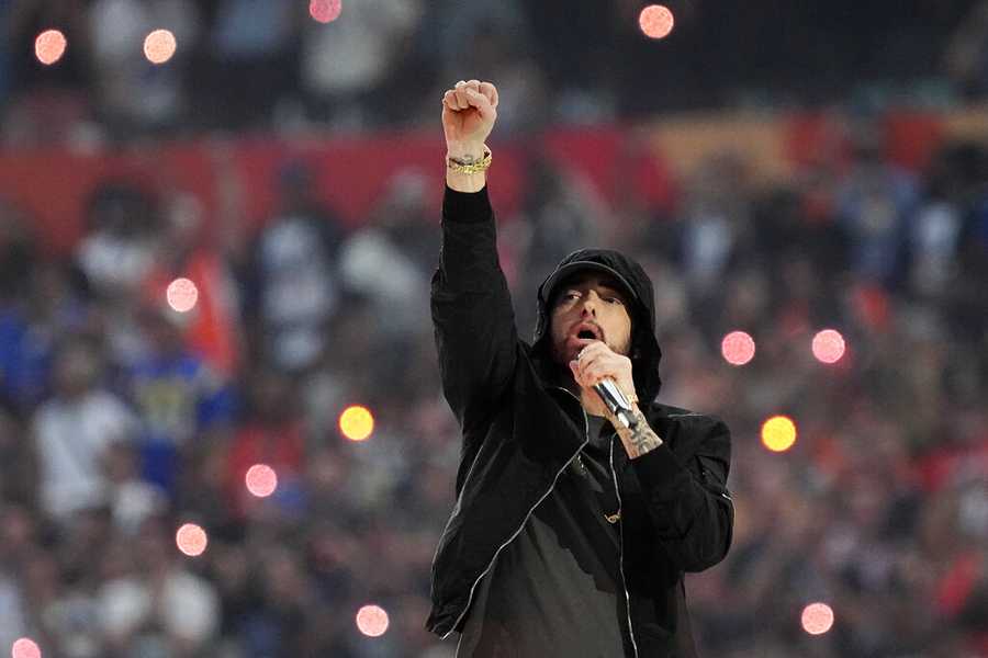 Eminem Eminem performs during halftime of the NFL Super Bowl 56 football game between the Los Angeles Rams and the Cincinnati Bengals, Sunday, Feb. 13, 2022, in Inglewood, Calif. (AP Photo/Ted S. Warren)