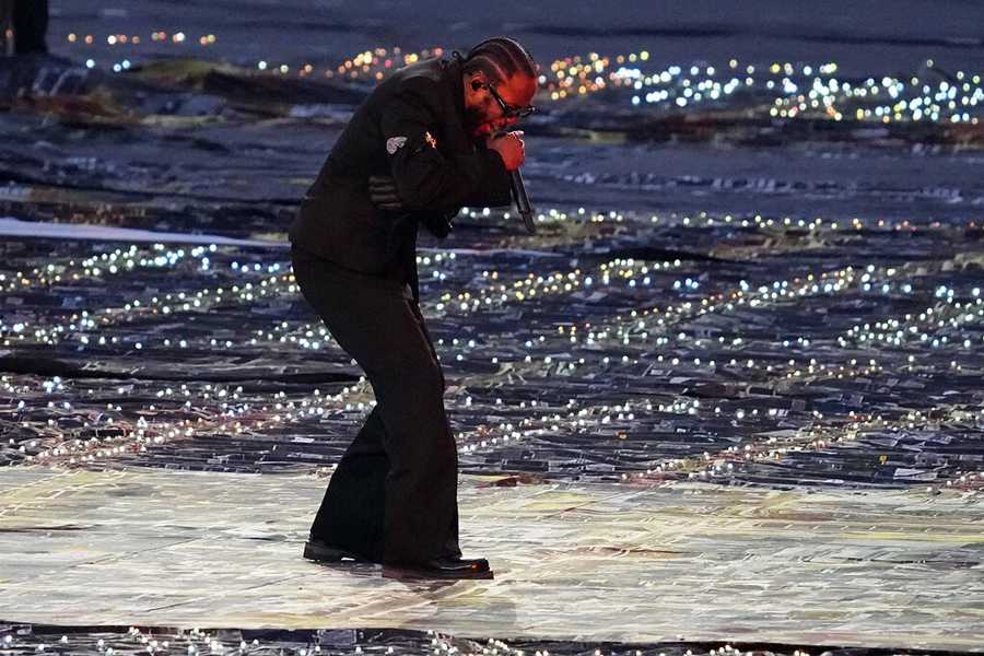 Kendrick Lamar Kendrick Lamar performs during halftime of the NFL Super Bowl 56 football game between the Los Angeles Rams and the Cincinnati Bengals, Sunday, Feb. 13, 2022, in Inglewood, Calif. (AP Photo/Julio Cortez)