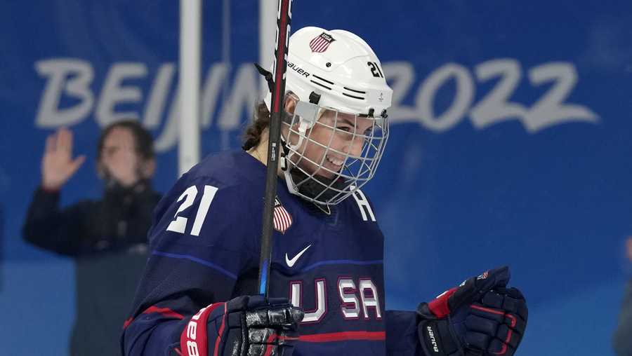 United States' Hilary Knight celebrates after scoring a goal against Finland during a women's semifinal hockey game at the 2022 Winter Olympics, Monday, Feb. 14, 2022, in Beijing.