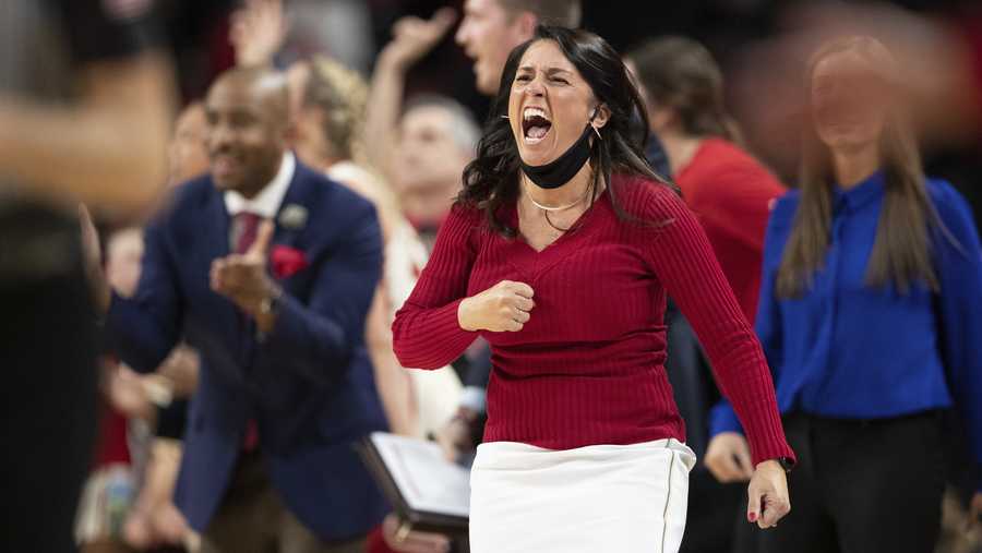 Nebraska head coach Amy Williams reacts after Jaz Shelley scored a 3-point basket against Indiana during the second half of an NCAA college basketball game Monday, Feb. 14, 2022, in Lincoln, Neb. (AP Photo/Rebecca S. Gratz)