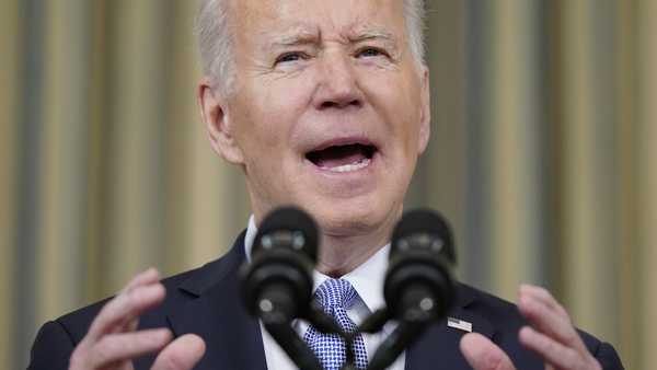 President Joe Biden speaks about the March jobs report in the State Dining Room of the White House, Friday, April 1, 2022, in Washington.
