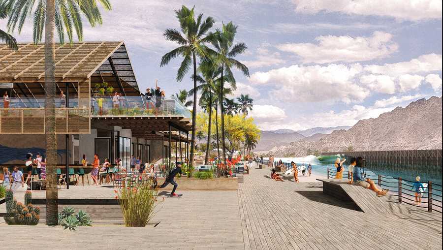 This artist rendering provided by REM Public Relations shows a rendering of a proposed Coral Mountain Resort with a large human-made surf lagoons that is proposed for the region around Palm Springs, Calif. Hours from the California coast, surfers are hoping one of the next spots where they can catch a wave is in the hot, dry desert where summer temperatures often soar above 100 degrees. (CCY Architects/REM Public Relations via AP)