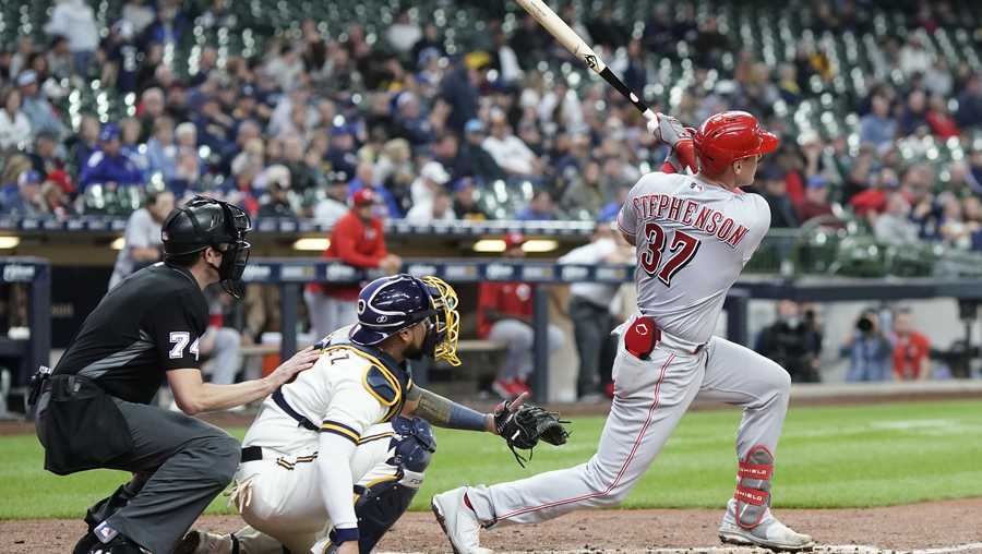 Cincinnati Reds' Tyler Stephensen hits a home run during the fourth inning of a baseball game against the Milwaukee Brewers Thursday, May 5, 2022, in Milwaukee. (AP Photo/Morry Gash)