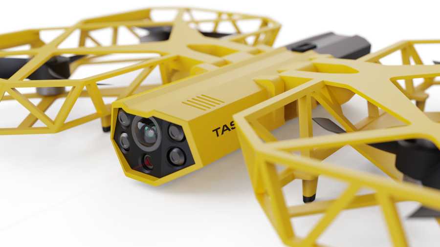 This photo provided by Axon Enterprise depicts a conceptual design through a computer-generated rendering of a taser drone. Taser developer Axon says it is working to build drones armed with the electric stunning weapons that could fly in schools and “help prevent the next Uvalde, Sandy Hook, or Columbine.” But its own technology advisers quickly panned the idea as a dangerous fantasy.