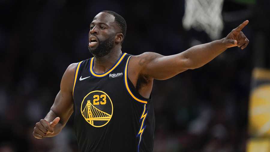 Golden State Warriors forward Draymond Green (23) reacts during the second quarter of Game 4 of basketball&apos;s NBA Finals against the Boston Celtics, Friday, June 10, 2022, in Boston. (AP Photo/Steven Senne)