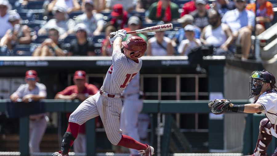 Oklahoma&apos;s Jackson Nicklaus (15) hits a grand slam in the fourth inning against Texas A&M during an NCAA College World Series baseball game Friday, June 17, 2022, in Omaha, Neb. (AP Photo/John Peterson)