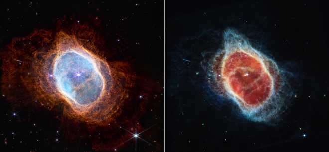 This combination of images provided by NASA on Tuesday, July 12, 2022, shows a side-by-side comparison of observations of the Southern Ring Nebula x20; in near-infrared light, left, and middle-infrared light, right, of the Webb telescope.