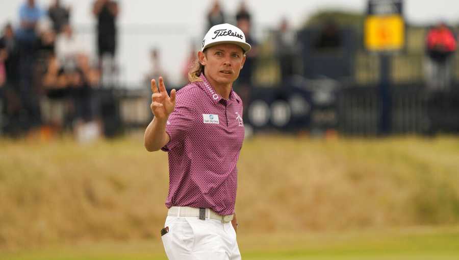 Cameron Smith, of Australia, after playing a birdie on the 13th hole during the final round of the British Open golf championship on the Old Course at St. Andrews, Scotland, Sunday July 17, 2022. (AP Photo/Gerald Herbert)