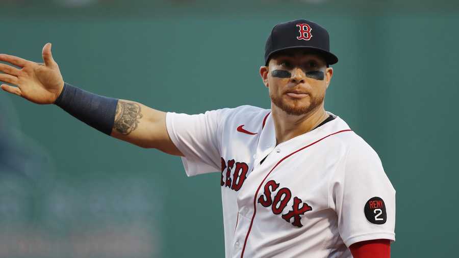 Boston Red Sox&apos;s Christian Vazquez plays first base during the second inning of a baseball game against the New York Yankees, Saturday, July 9, 2022, in Boston. (AP Photo/Michael Dwyer)