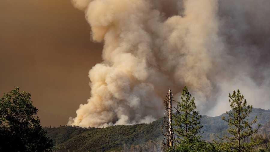 The Oak Fire burns near the Jerseydale community of Mariposa County, Calif., on Saturday, July 23, 2022. (AP Photo/Noah Berger)
