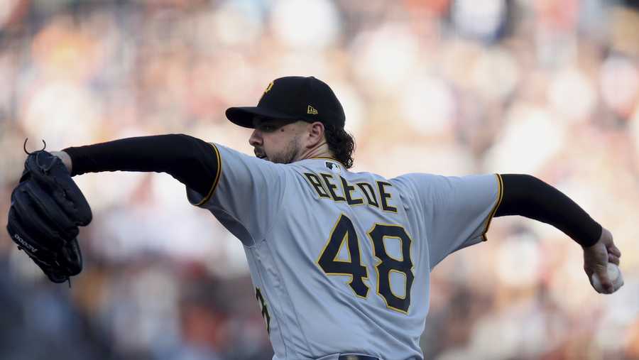 Pittsburgh Pirates starting pitcher Tyler Beede throws to a San Francisco Giants batter during first inning of a baseball game Saturday, Aug. 13, 2022, in San Francisco.