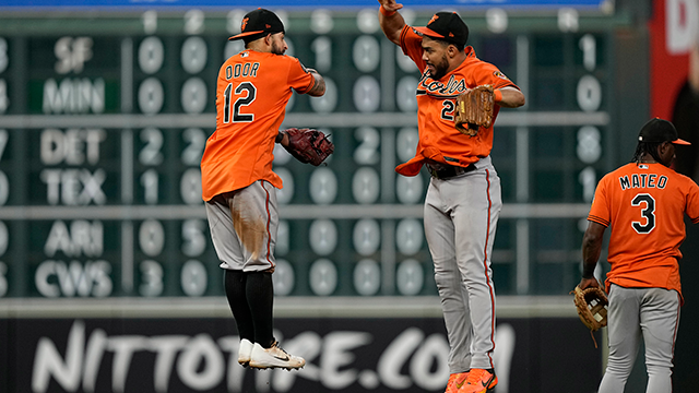 baltimore orioles' rougned odor (12) and anthony santander celebrate after a baseball game against the houston astros saturday, aug. 27, 2022, in houston. the orioles won 3-1