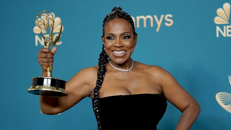 Sheryl Lee Ralph poses in the press room with the award for outstanding supporting actress in a comedy series for "Abbott Elementary" at the 74th Primetime Emmy Awards on Monday, Sept. 12, 2022, at the Microsoft Theater in Los Angeles. (AP Photo/Jae C. Hong)
