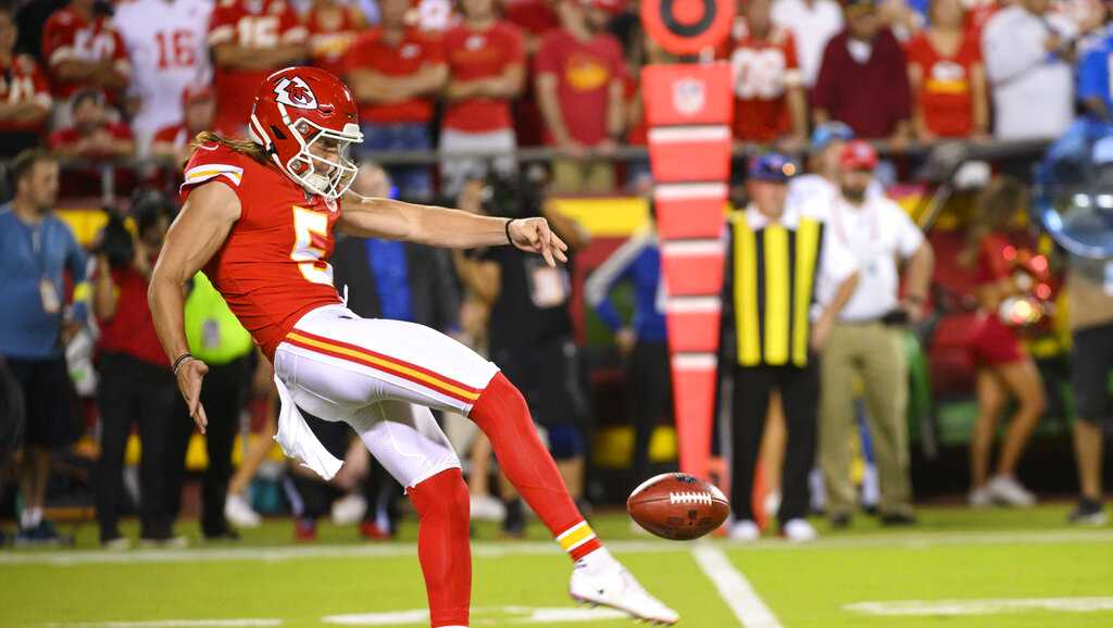 Kansas City Chiefs punter Tommy Townsend during pre-game warmups before the  NFL AFC Championship football game against the Cincinnati Bengals, Sunday,  Jan. 30, 2022 in Kansas City, Mo.. (AP Photos/Reed Hoffmann Stock