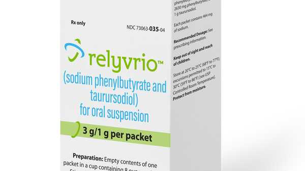 This image provided by Amylyx Pharmaceuticals shows the drug Relyvrio. The much-debated drug for Lou Gehrig's disease won approval by the U.S. Food and Drug Administration on Thursday, Sept. 29, 2022, a long-sought victory for patients that is likely to renew questions about the scientific rigor behind government reviews of experimental medicines.