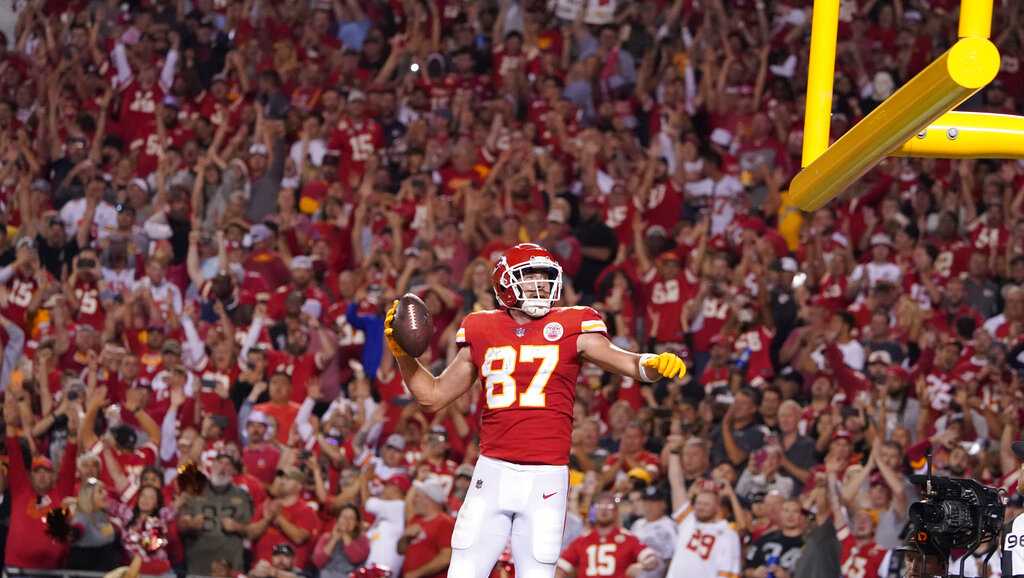 Kansas City Chiefs quarterback Patrick Mahomes pumps up the crowd prior to  an NFL football game against the Las Vegas Raiders Monday, Oct. 10, 2022,  in Kansas City, Mo. (AP Photo/Ed Zurga