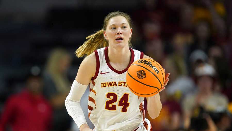 FILE - Iowa State guard Ashley Joens drives up court during the second half of a second-round game against Georgia in the NCAA women&apos;s college basketball tournament, Sunday, March 20, 2022, in Ames, Iowa. Joens was named to the women&apos;s Associated Press preseason All-America team, Tuesday, Oct. 25, 2022.(AP Photo/Charlie Neibergall, File)