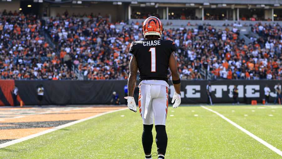 Cincinnati Bengals wide receiver Ja&apos;Marr Chase (1) walks to the sideline during an NFL football game against the Atlanta Falcons, Sunday, Oct. 23, 2022, in Cincinnati. The Bengals won 35-17. (AP Photo/Aaron Doster)