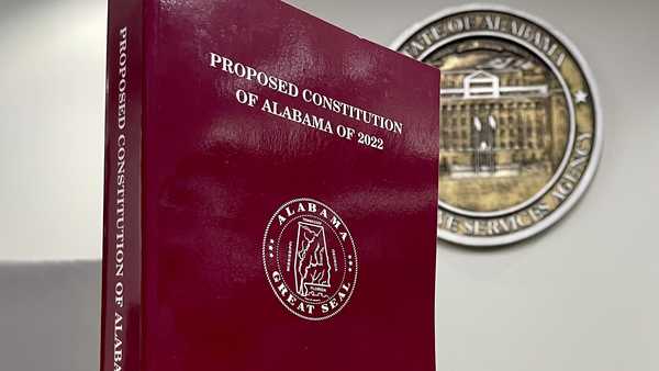 A copy of the proposed constitution of Alabama of 2022 is seen at the statehouse in Montgomery, Ala., on Tuesday, Nov. 1, 2022. Alabama voters on Nov. 8 will vote whether to ratify a recompiled Alabama Constitution that strips racist language and deleted repealed and redundant sections. The state's governing document will remain the longest in the United States at over 300,000 words. (AP Photo/Kim Chandler)