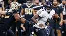 Baltimore Ravens linebacker Odafe Oweh (99) in action during the third  quarter an NFL preseason football game against the New Orleans Saints  Saturday, Aug. 14, 2021, in Baltimore. (AP Photo/Terrance Williams Stock