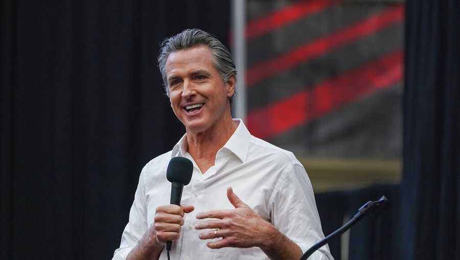 California Governor Gavin Newsom urges voters to turn out and vote YES on Proposition 1 at a rally at Long Beach City College in Long Beach, Calif., Sunday, Nov. 6, 2022. Californians are voting now through Election Day Tuesday, Nov. 8 on a constitutional amendment guaranteeing the right to abortion and contraception. Proposition 1 is among several measures on state ballots to address reproductive health care following the U.S. Supreme Court&apos;s overturning of Roe v. Wade. (AP Photo/Damian Dovarganes)