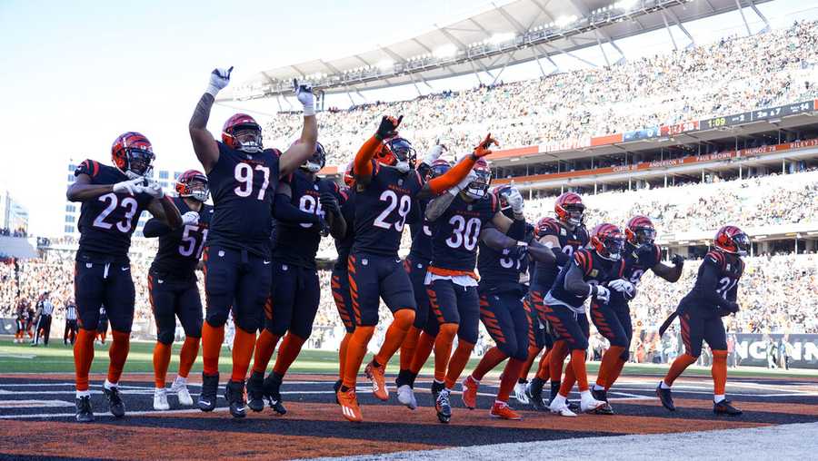 Cincinnati Bengals safety Jessie Bates III (30) celebrates with teammates after making an interception during an NFL football game against the Carolina Panthers, Sunday, Nov. 6, 2022, in Cincinnati. (AP Photo/Jeff Dean)
