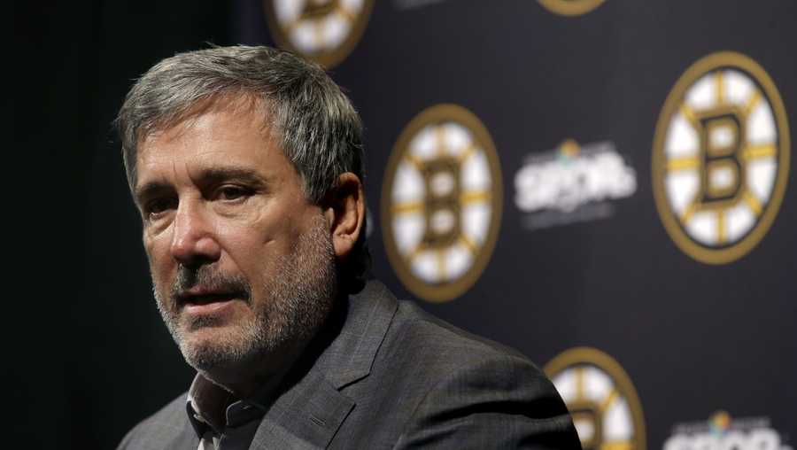 FILE - Boston Bruins President Cam Neely speaks to reporters during the hockey teams end-of-season news conference, Tuesday, June 18, 2019, in Boston. Neely said Monday, Nov. 7, 2022,  the team “dropped the ball" with its internal vetting of Mitchell Miller, ultimately leading to the decision to rescind its contract offer to the defenseman. (AP Photo/Steven Senne, File)