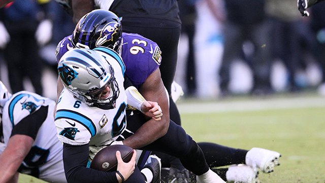 baltimore ravens defensive tackle calais campbell (93) sacks carolina panthers quarterback baker mayfield (6) in the second half of an nfl football game sunday, nov. 20, 2022, in baltimore.