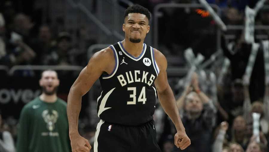 Milwaukee Bucks; Giannis Antetokounmpo reacts after a basket during the second half of an NBA basketball game against the Cleveland Cavaliers Friday, Nov. 25, 2022, in Milwaukee. (AP Photo/Morry Gash)