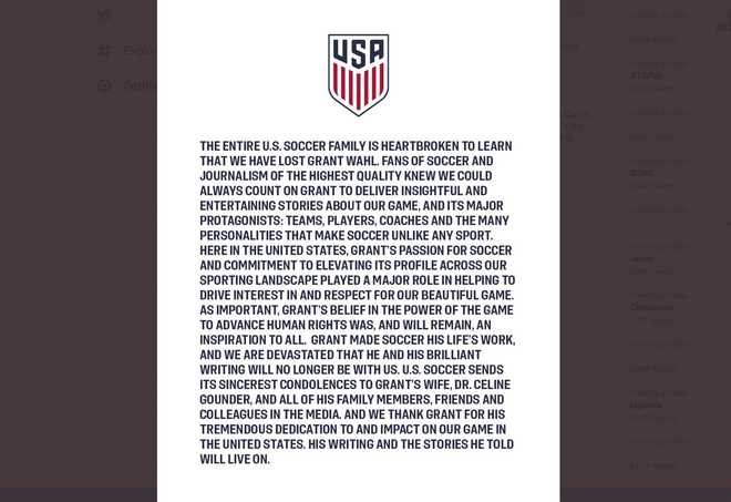 A&#x20;screenshot&#x20;taken&#x20;from&#x20;the&#x20;Twitter&#x20;account&#x20;of&#x20;US&#x20;Soccer&#x20;that&#x20;shows&#x20;their&#x20;statement&#x20;on&#x20;the&#x20;passing&#x20;of&#x20;journalist&#x20;Grant&#x20;Wahl.&#x20;Wahl,&#x20;one&#x20;of&#x20;the&#x20;most&#x20;well-known&#x20;soccer&#x20;writers&#x20;in&#x20;the&#x20;United&#x20;States,&#x20;died&#x20;early&#x20;Saturday&#x20;Dec.&#x20;10,&#x20;2022&#x20;while&#x20;covering&#x20;the&#x20;World&#x20;Cup&#x20;match&#x20;between&#x20;Argentina&#x20;and&#x20;the&#x20;Netherlands.&#x20;&#x28;Photo&#x20;via&#x20;AP&#x29;