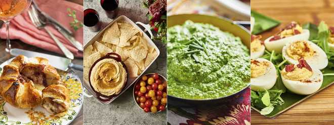 This&#x20;combination&#x20;of&#x20;photos&#x20;shows&#x20;recipes&#x20;for&#x20;Baked&#x20;Brie&#x20;en&#x20;Croute&#x20;with&#x20;Raspberry&#x20;Jam,&#x20;from&#x20;left,&#x20;hummus,&#x20;Parmesan&#x20;Feta&#x20;Spinach&#x20;Dip&#x20;and&#x20;Deviled&#x20;Eggs.&#x20;&#x28;Cheyenne&#x20;M.&#x20;Cohen&#x20;via&#x20;AP&#x29;