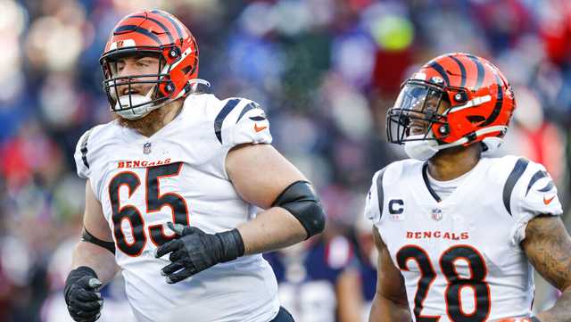 Cincinnati Bengals guard Alex Cappa (65) lines up for the play during an  NFL football game against the Baltimore Ravens on Sunday, Sept. 17, 2023,  in Cincinnati. (AP Photo/Emilee Chinn Stock Photo - Alamy