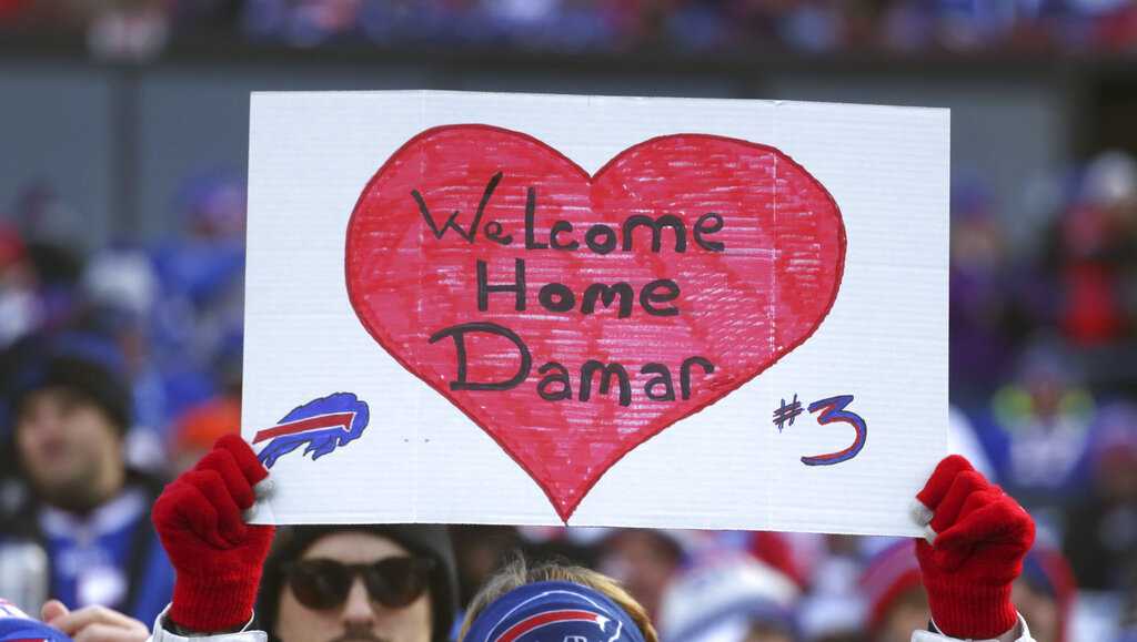 Bills' Hamlin says 'heart is with' team at game, he's home