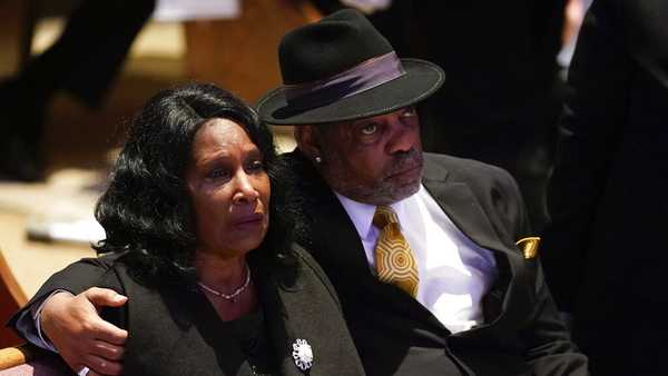 RowVaughn Wells cries as she and her husband Rodney Wells attend the funeral service for her son Tyre Nichols at Mississippi Boulevard Christian Church in Memphis, Tenn., on Wednesday, Feb. 1, 2023. Nichols died following a brutal beating by Memphis police after a traffic stop.  (Andrew Nelles/The Tennessean via AP, Pool)