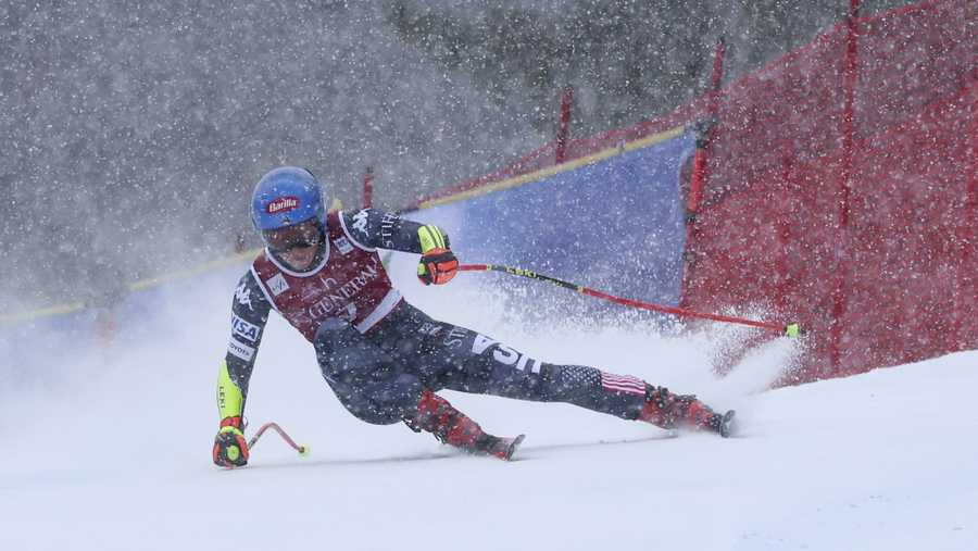 United States&apos; Mikaela Shiffrin speeds down the course during an alpine ski, women&apos;s World Cup super G race, in Kvitfjell, Norway, Sunday, March 5, 2023. (AP Photo/Marco Trovati)