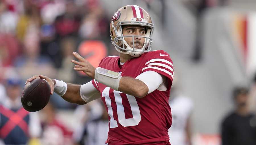 FILE - San Francisco 49ers quarterback Jimmy Garoppolo (10) passes against the New Orleans Saints during the second half of an NFL football game on Nov. 27, 2022, in Santa Clara, Calif. Garoppolo has agreed to a three-year, $67.5 million contract with the Las Vegas Raiders, according to a person with knowledge of the deal. The person spoke on condition of anonymity because the deal can’t be announced until Wednesday, March 15, 2023. (AP Photo/Godofredo A. Vásquez, File)