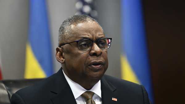 Defense Secretary Lloyd Austin attends a virtual meeting of the Ukraine Defense Contact Group, Wednesday, March 15, 2023, at the Pentagon in Washington. (Andrew Caballero-Reynolds/Pool via AP)