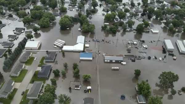 This image provided by Sioux County Sheriff  shows City of Rock Valley, Iowa on Saturday, June 22, 2024.  Gov. Kim Reynolds sent helicopters to the small town to evacuate people from flooded homes Saturday, the result of weeks of rain, while much of the United States longed for relief from yet another round of extraordinary heat.(Sioux County Sheriff via AP)