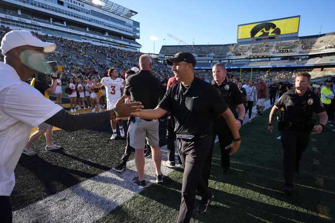 Iowa&#x20;State&#x20;head&#x20;coach&#x20;Matt&#x20;Campbell&#x20;celebrates&#x20;after&#x20;an&#x20;NCAA&#x20;college&#x20;football&#x20;game&#x20;against&#x20;Iowa,&#x20;Saturday,&#x20;Sept.&#x20;7,&#x20;2024,&#x20;in&#x20;Iowa&#x20;City,&#x20;Iowa.&#x20;Iowa&#x20;State&#x20;won&#x20;20-19.&#x20;&#x28;AP&#x20;Photo&#x2F;Charlie&#x20;Neibergall&#x29;