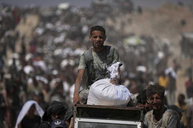 Palestinians carry sacks of flour taken from a humanitarian aid convoy en route to Gaza City, in the outskirts of Beit Lahiya, northern Gaza Strip, Friday, Aug. 1, 2025. (AP Photo/Jehad Alshrafi)
