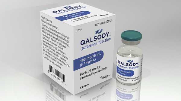 This image provided by Biogen in April 2023 shows the company's drug Qalsody. On Tuesday, April 25, 2023, the FDA approved the first-of-a-kind drug for a rare form of Lou Gehrig's disease, though they are requiring further research to confirm it truly helps patients. (Biogen via AP)