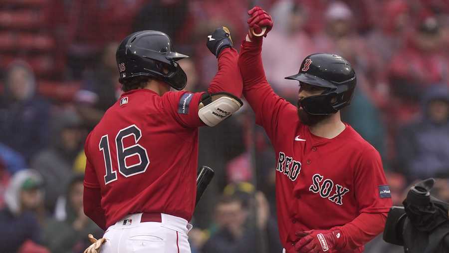 Boston Red Sox third baseman Rafael Devers celebrates his solo HR