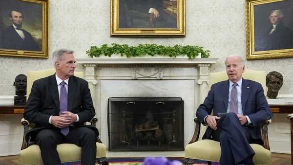 President Joe Biden meets with House Speaker Kevin McCarthy of Calif., to discuss the debt limit in the Oval Office of the White House, Monday, May 22, 2023, in Washington. (AP Photo/Alex Brandon)