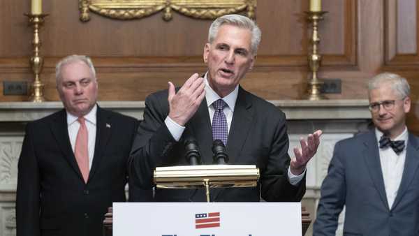 House Speaker Kevin McCarthy of R-Calif., speaks as House Minority Whip Rep. Steve Scalise, R.La., left, and Rep. Patrick McHenry, R-N.C., listen at a news conference after the House passed the debt ceiling bill at the Capitol in Washington, Wednesday, May 31, 2023. The bill now goes to the Senate. (AP Photo/Jose Luis Magana)